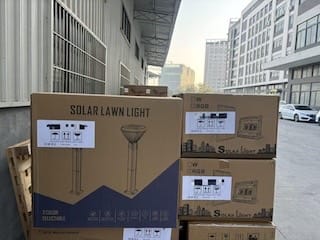 MJ-DB780 solar bollard light cartons packed and ready for shipment from Newskypower