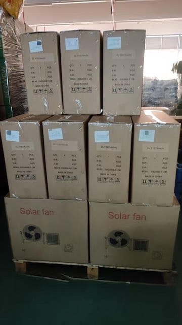 ZL-118 portable solar fan cartons palletized for shipment