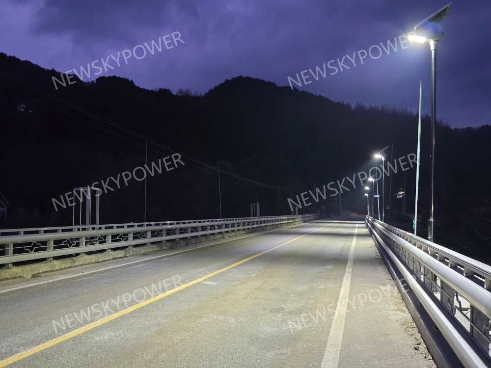 NF-60W solar street lights providing nighttime illumination on South Korea mountain road