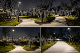 SCL-008 solar courtyard lights illuminating a park pathway at night