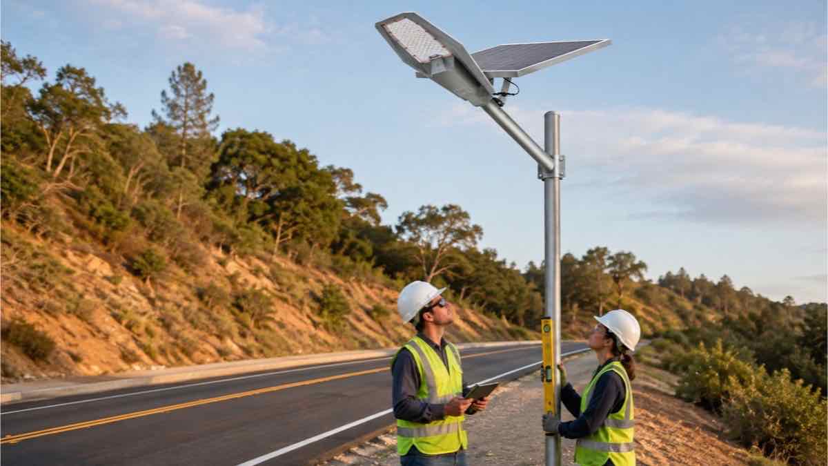 Newskypower MJ-XJ solar street light installation inspection beside a newly built road