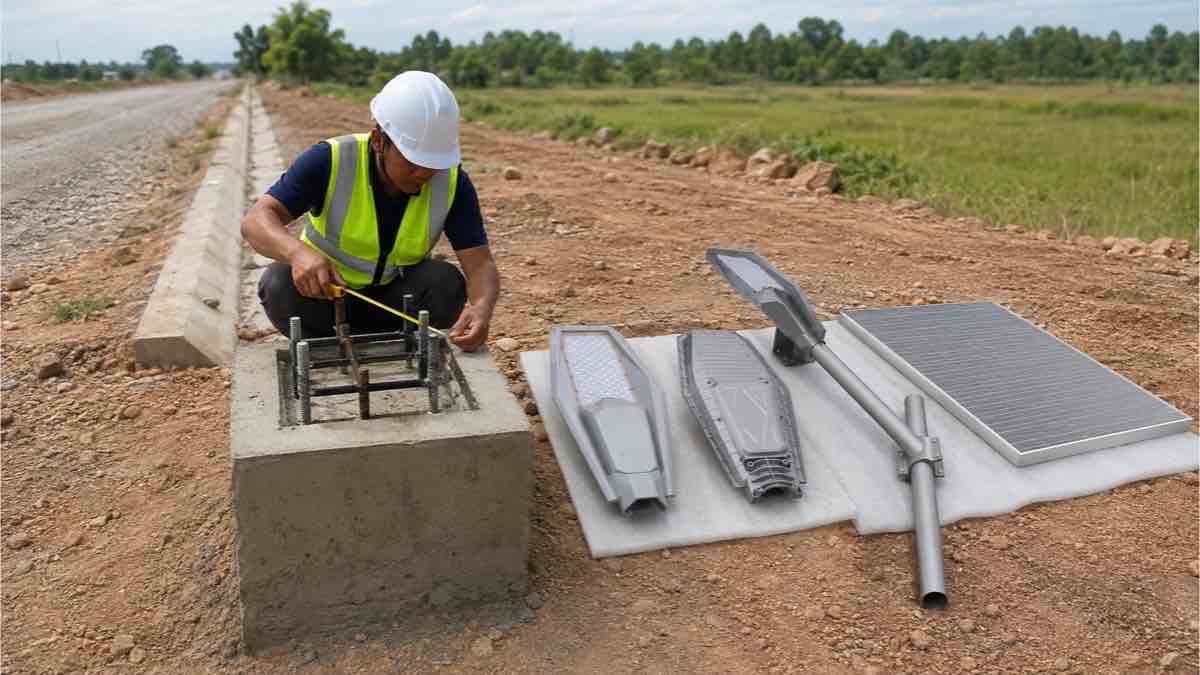 Technician measuring the anchor cage for a solar street light foundation