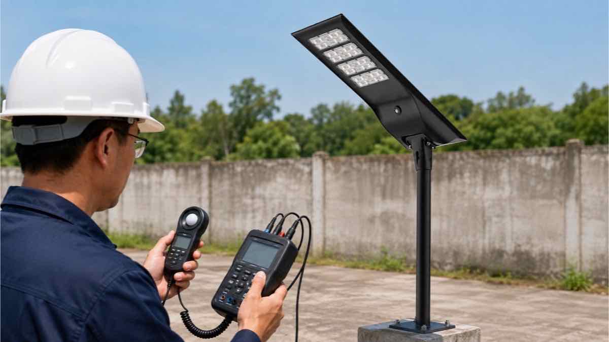 Engineer comparing solar street light power input with measured illuminance