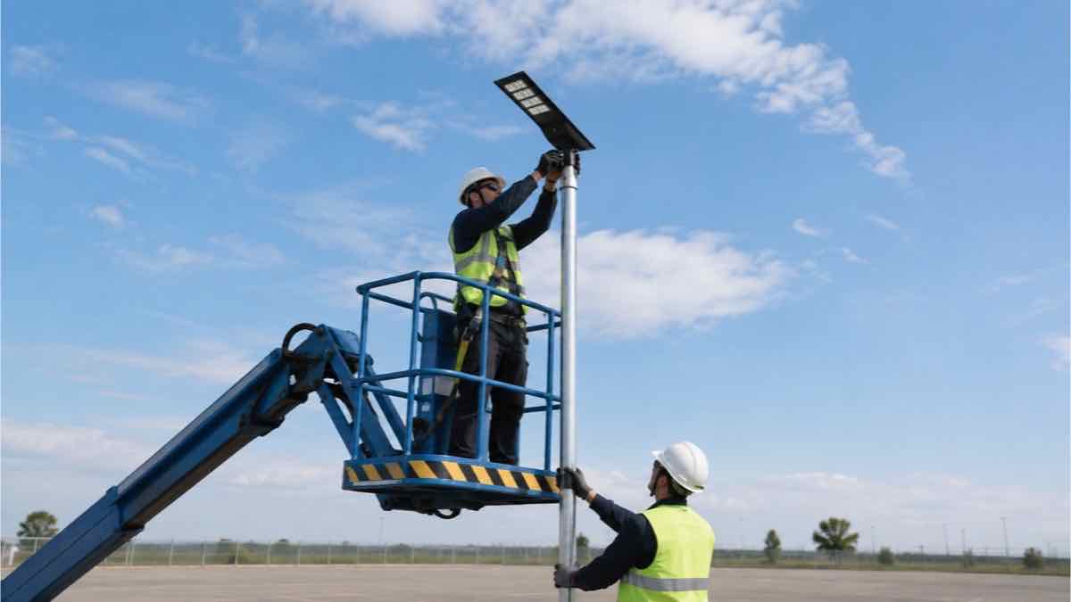 Newskypower ND all-in-one solar street light being installed with a mobile lift