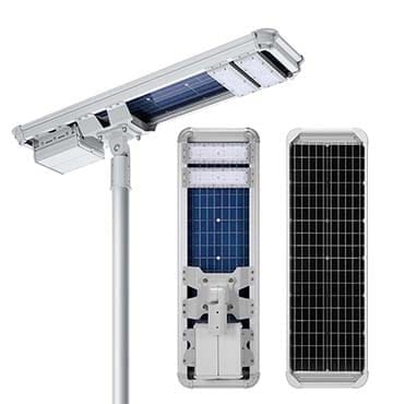 Compact solar street light shown from several angles with its panel surface