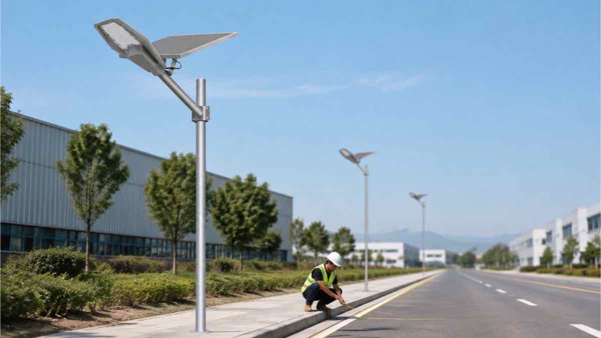 Newskypower MJ-XJ solar street lights arranged along a road for spacing review
