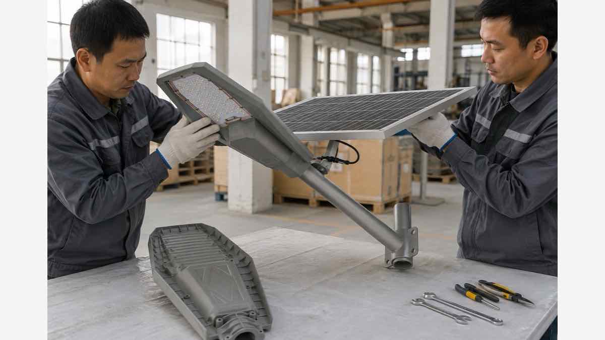 Technicians assembling a Newskypower MJ-XJ all-in-two solar street light