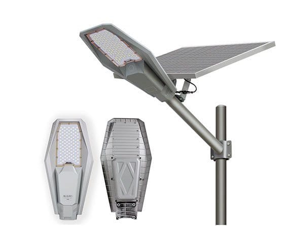 Solar street light product views showing a separately mounted panel and lamp