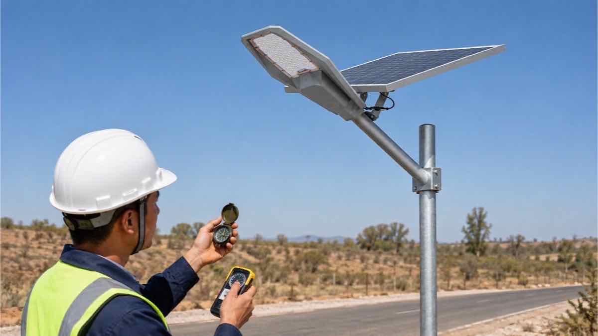 Engineer checking solar panel direction and tilt on a Newskypower MJ-XJ street light
