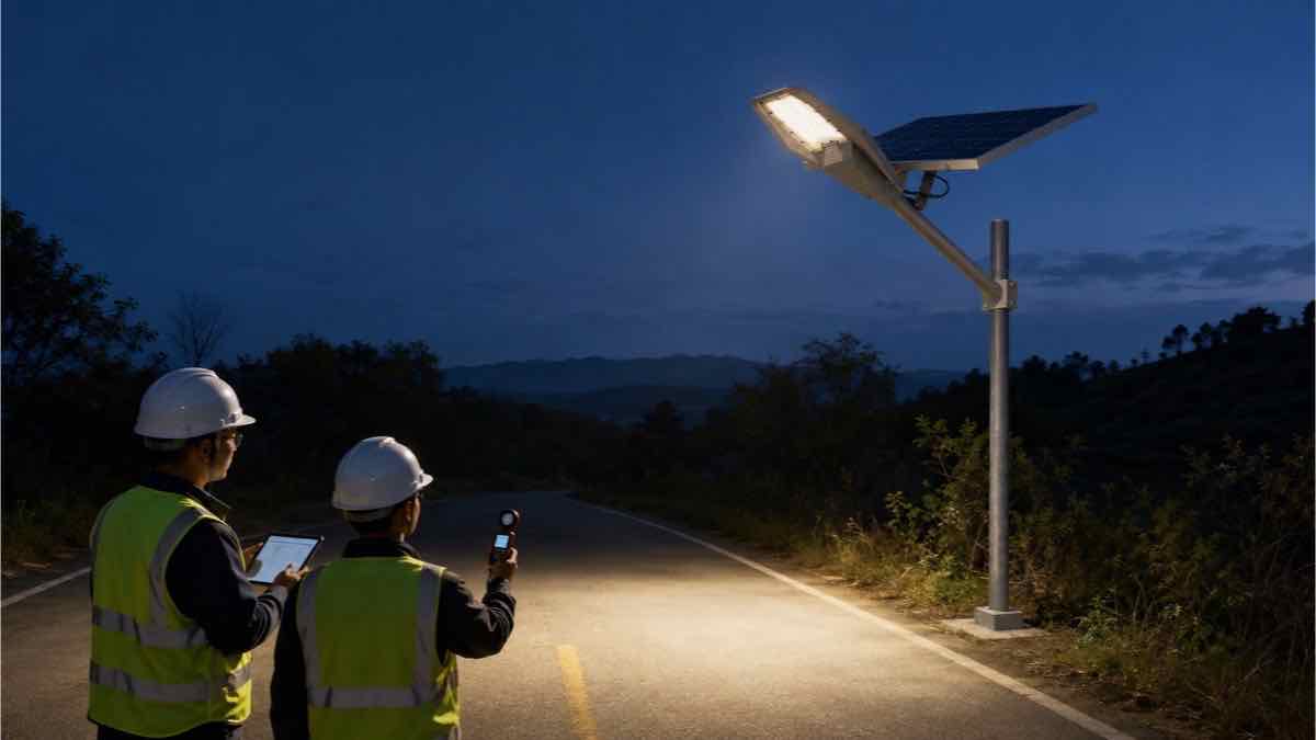 Technicians commissioning a solar street light with a handheld lux meter at night