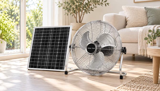 Silver metal floor fan with its separate solar panel in a styled home scene