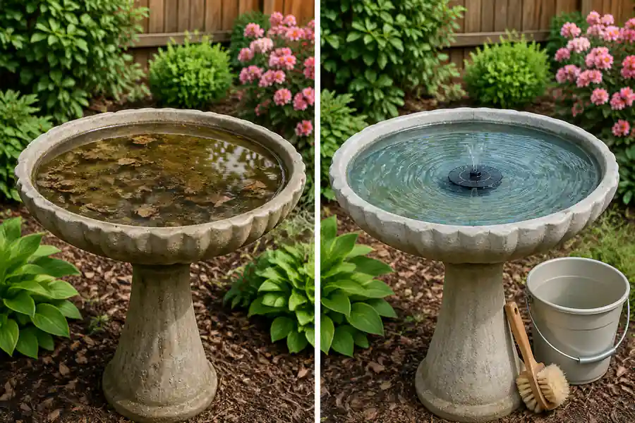 A split comparison of a neglected still bird bath and a clean bird bath with gentle moving water and weekly maintenance tools