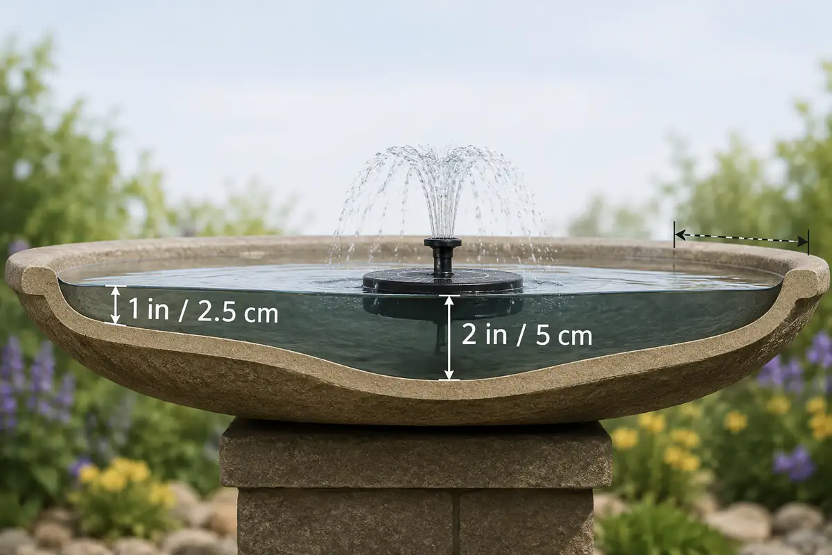 A clear cross-section of a solar fountain bird bath showing a shallow sloped edge, a five-centimeter center depth, and spray clearance