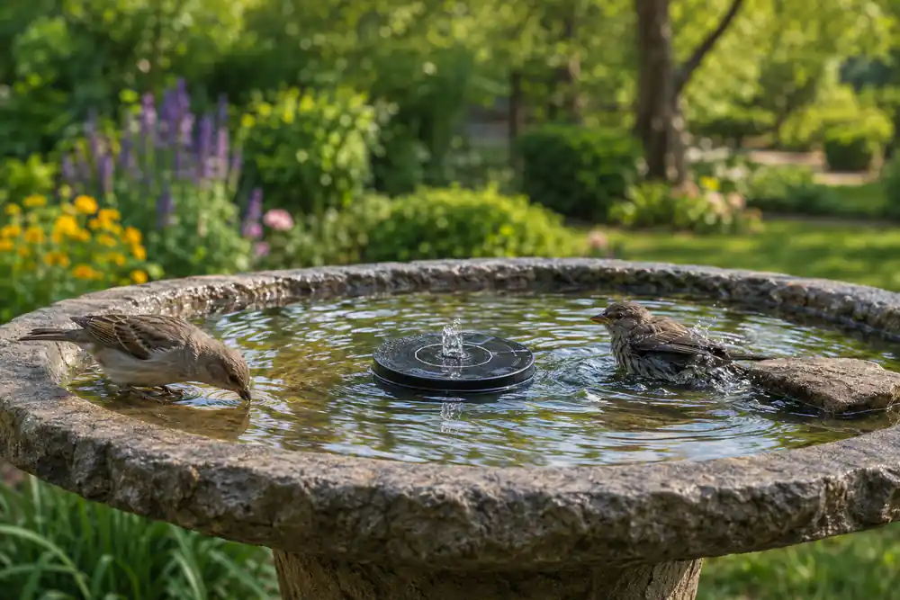 Small backyard birds drinking and bathing beside a gentle low-flow bird bath fountain with shallow footing