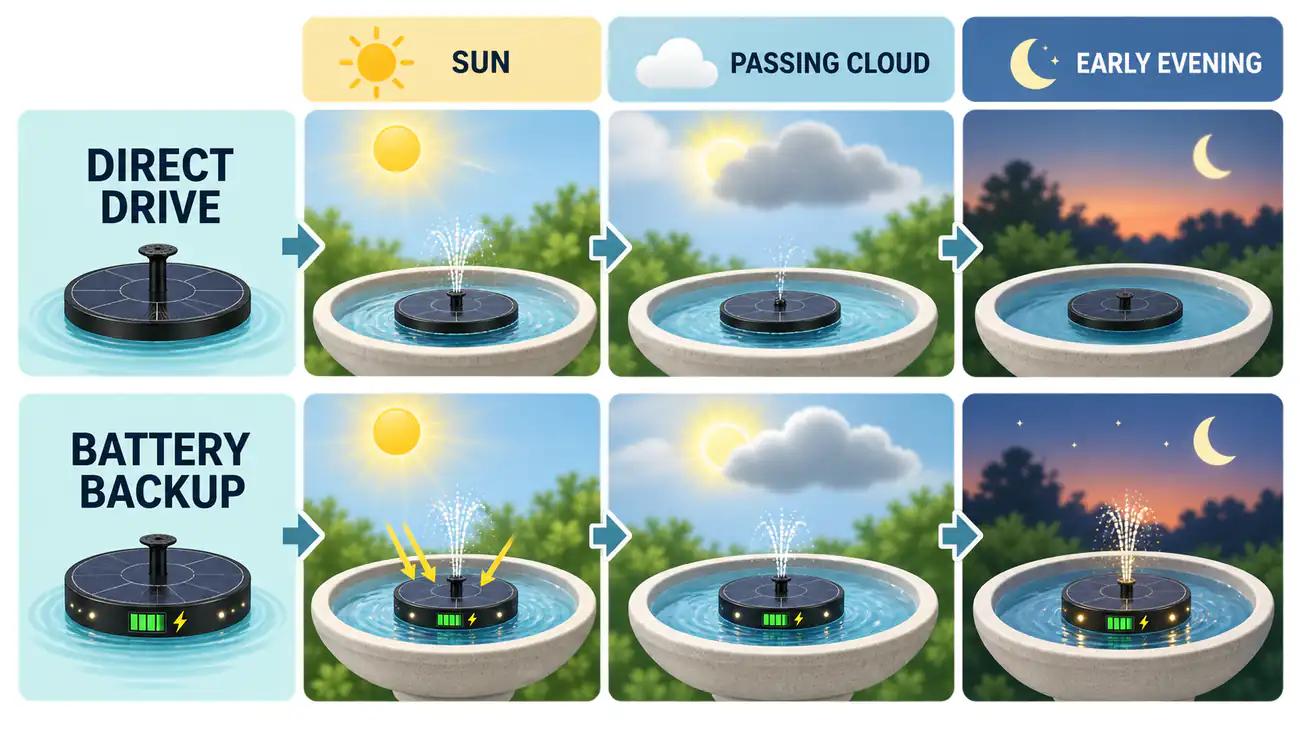 Direct-drive and battery-backup solar bird bath fountain behavior in sun, passing cloud, and early evening