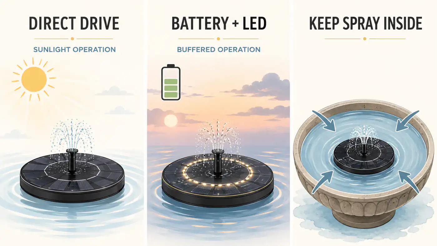 Comparison of a direct-drive floating solar fountain, a battery and LED model, and a low spray kept inside a bird bath