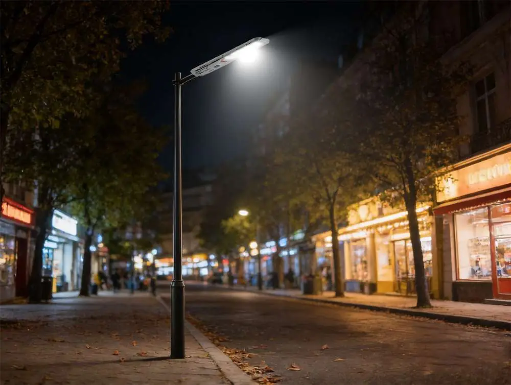 E7 solar street light installed outdoors at night