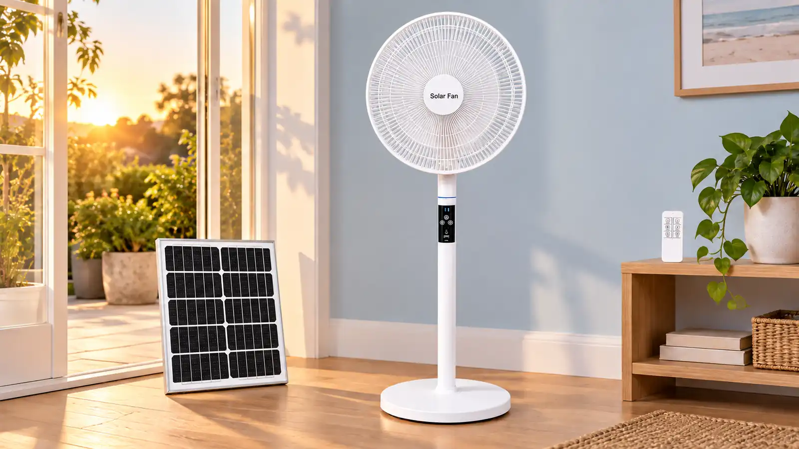 A T919 fan beside its solar panel near a sunlit doorway