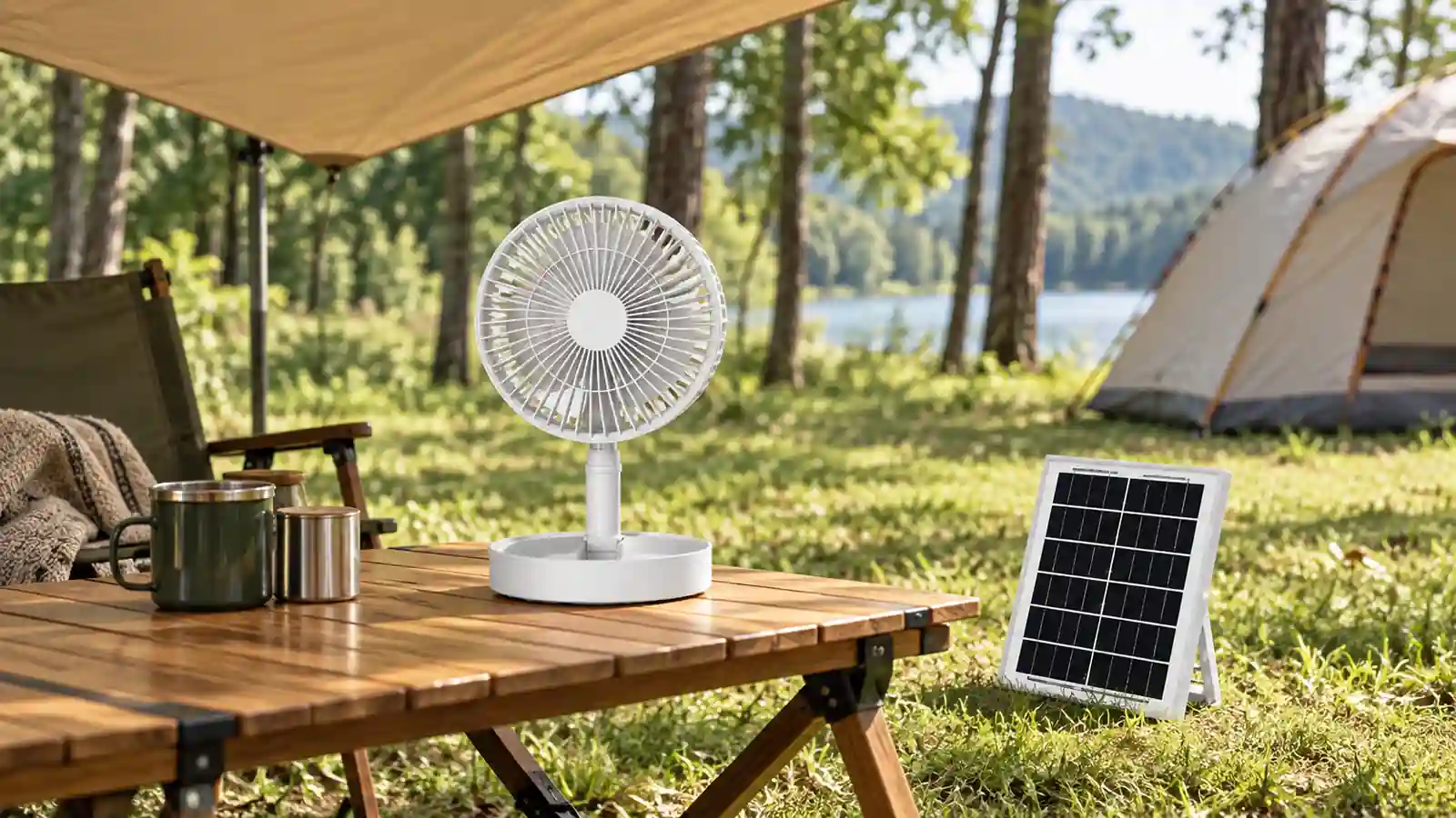 A compact white fan under a camping canopy with a panel in daylight beside the table
