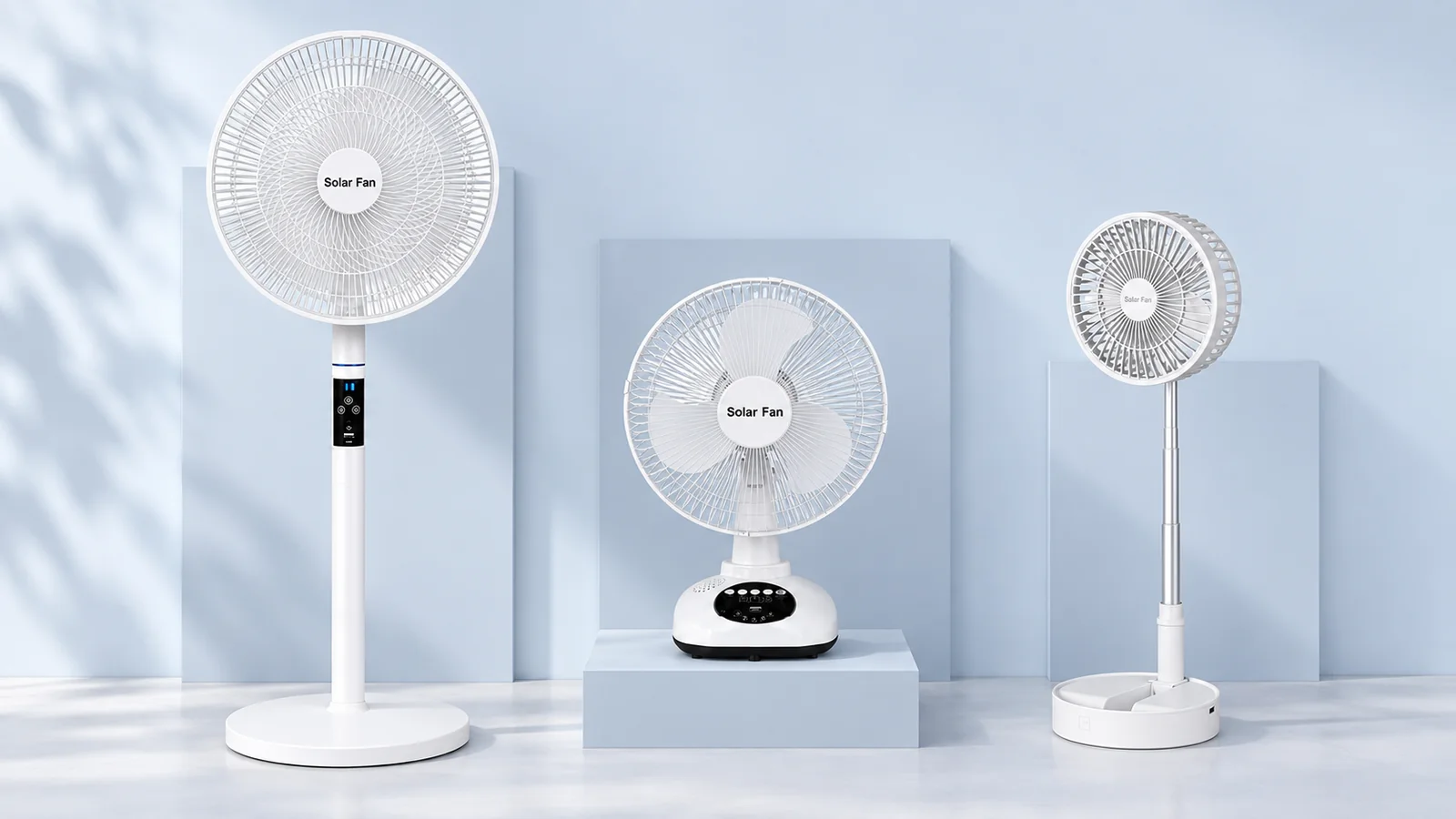 Standing T919, tabletop T9 and folding T8 fans arranged for format comparison