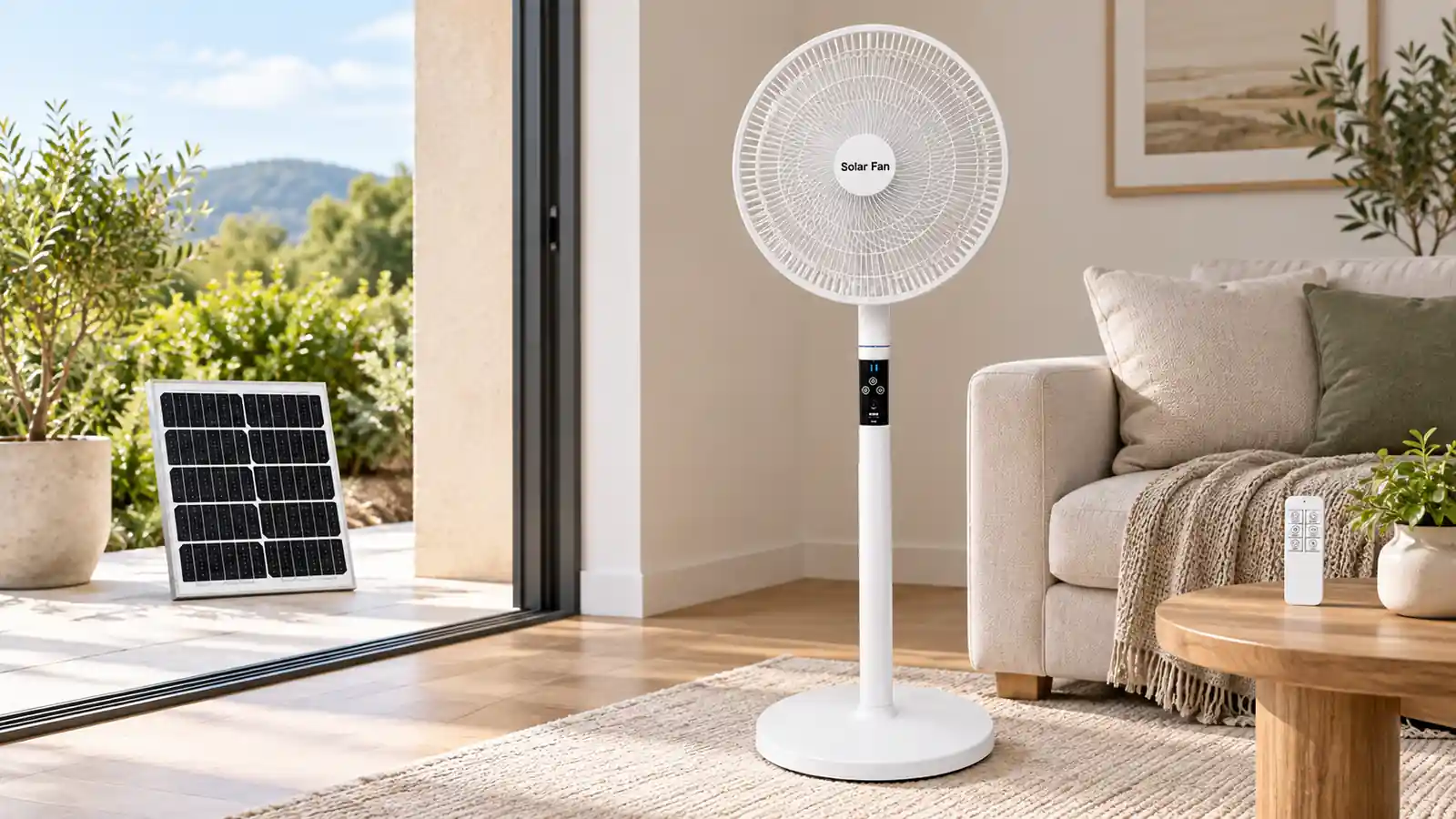 A white standing fan in a living room with a panel outside the open terrace doorway