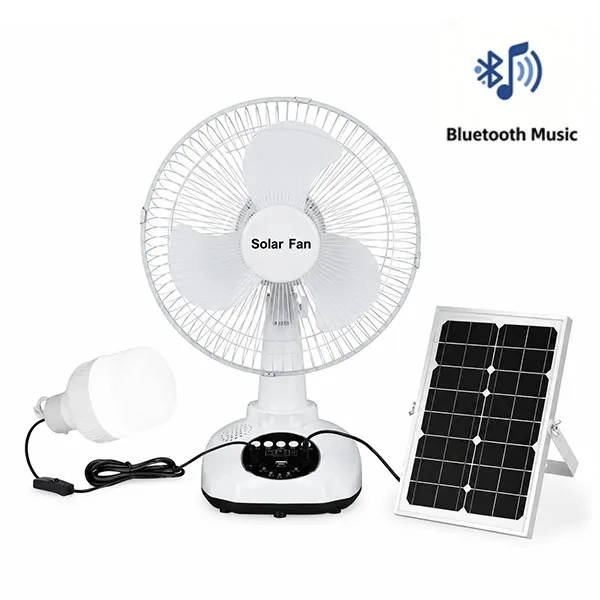 T9 tabletop fan beside a solar panel and illustrated accessories