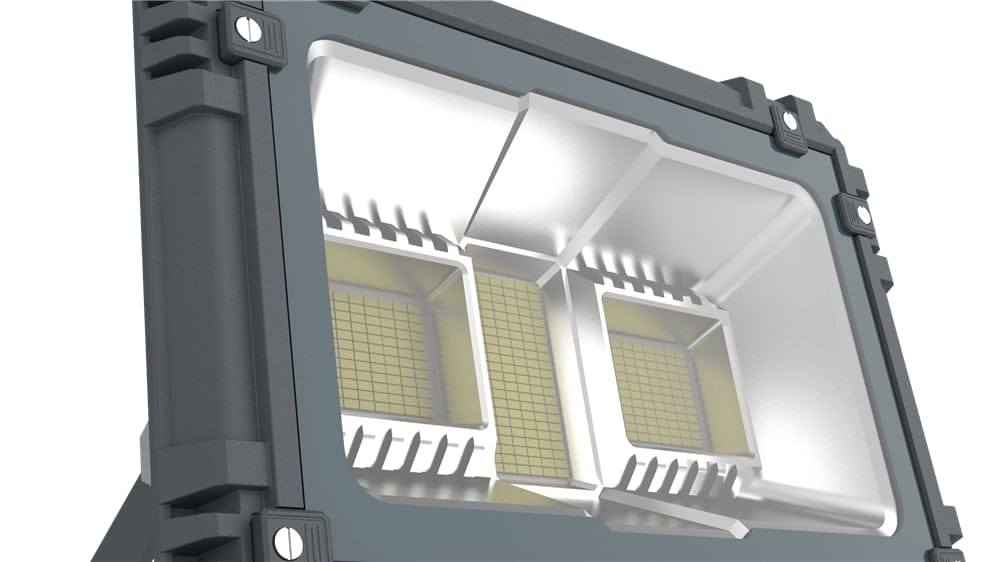 Close view of a flood light reflector and LED modules