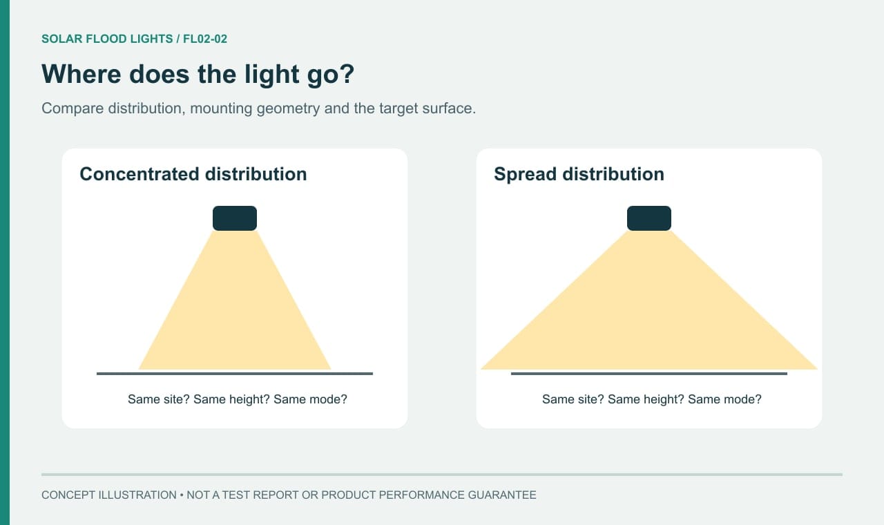 Conceptual comparison of concentrated and spread light distributions