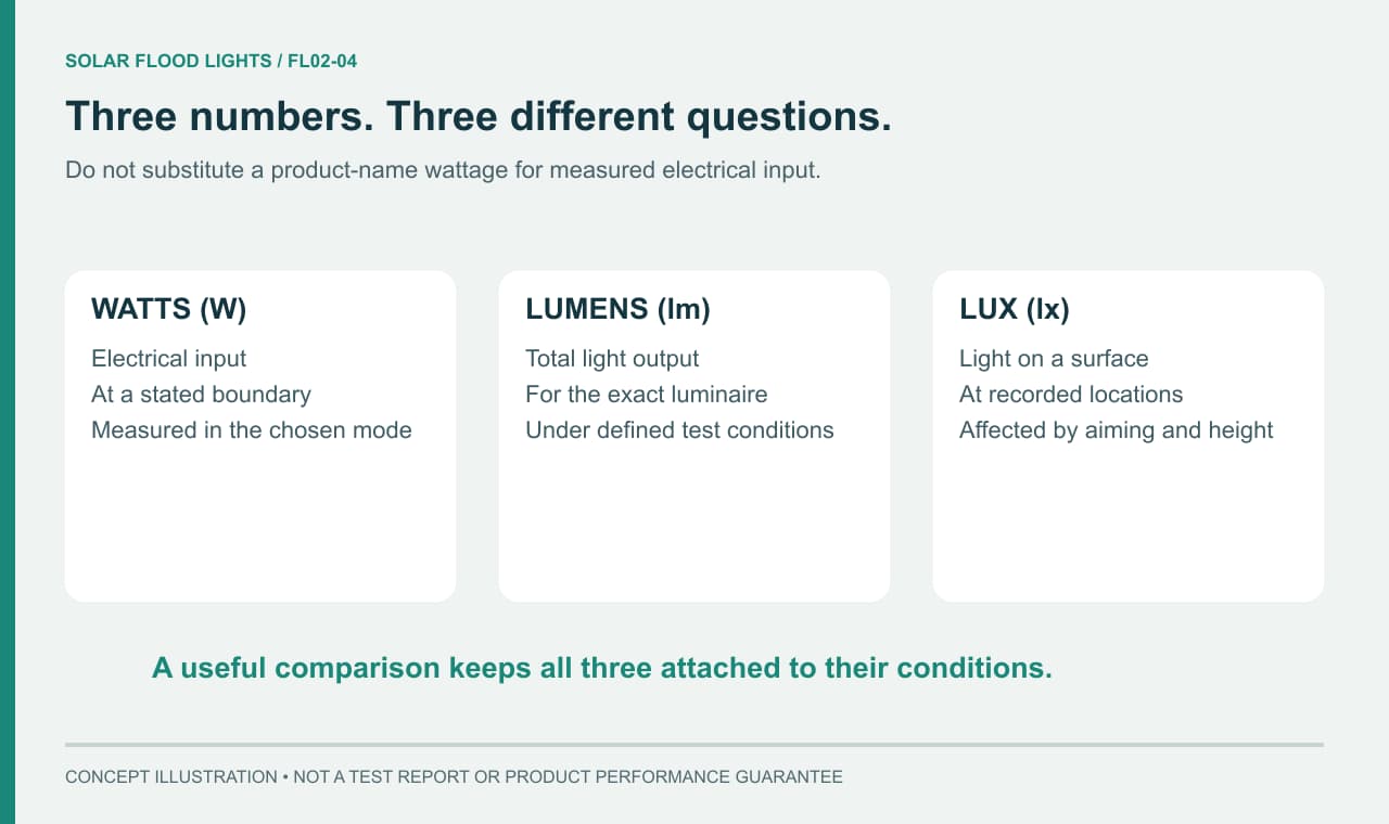 Watts lumens and lux shown as different measurement questions