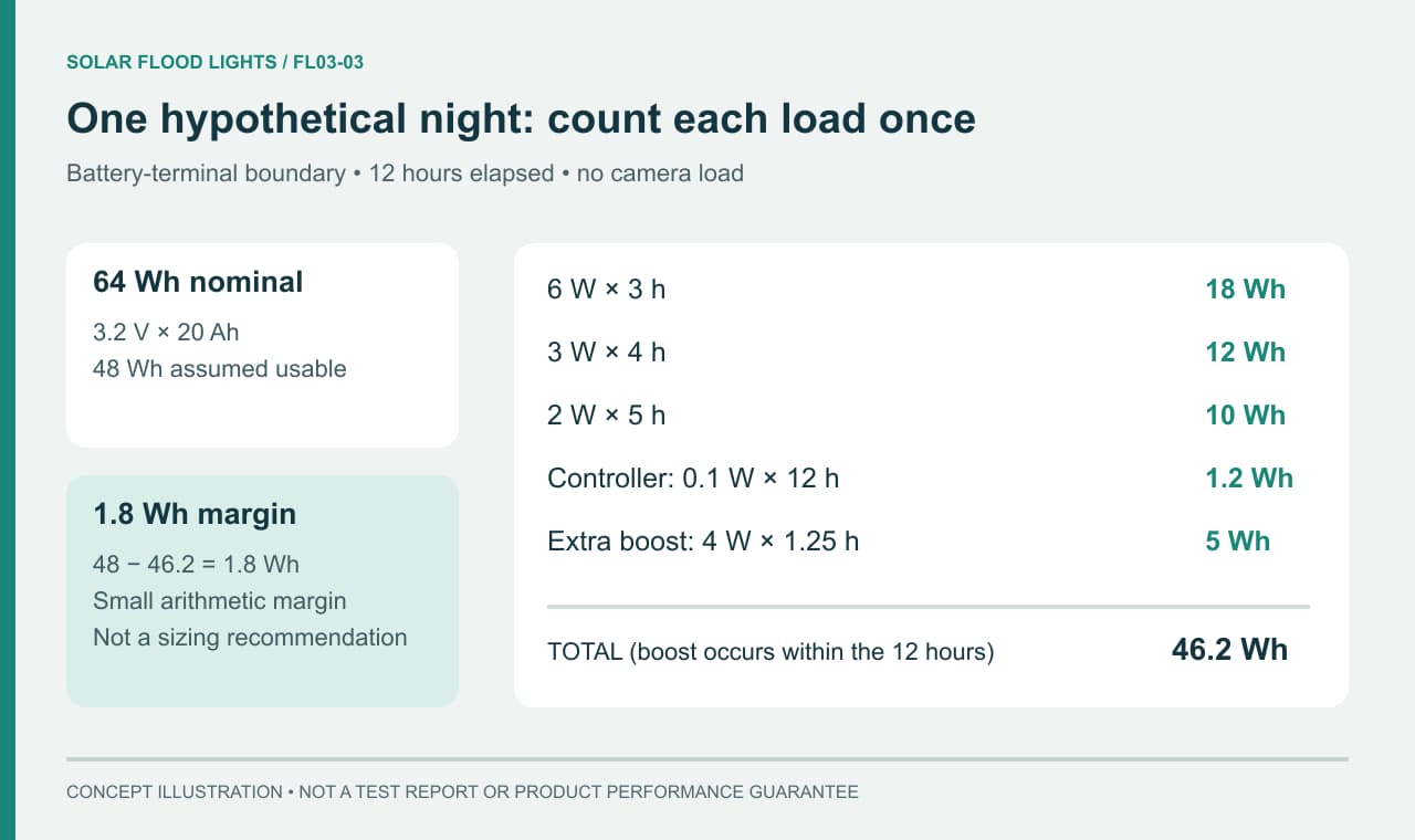 Hypothetical 64 watt-hour nominal battery and 46.2 watt-hour night load calculation