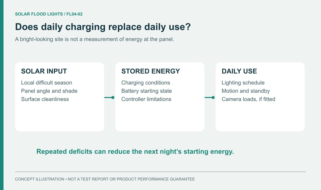 Daily energy check linking solar resource shading charging and nighttime demand
