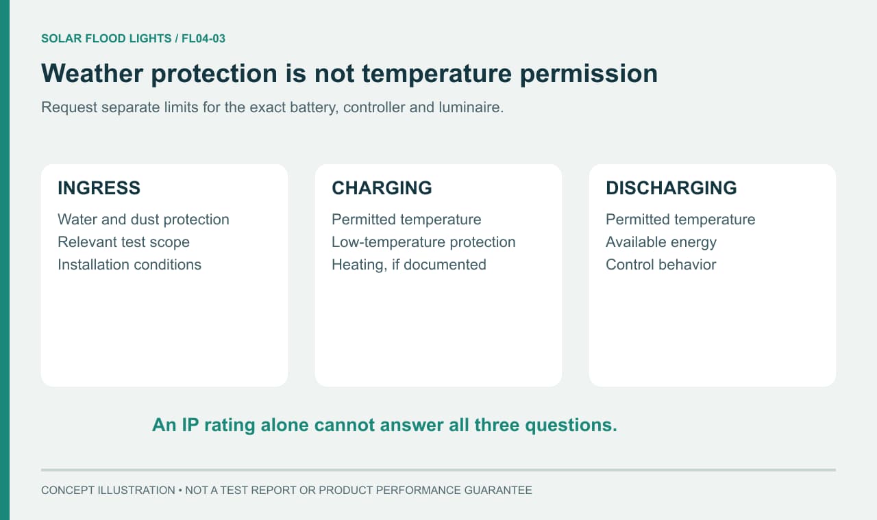 Separate checks for ingress protection charging temperature and discharge temperature