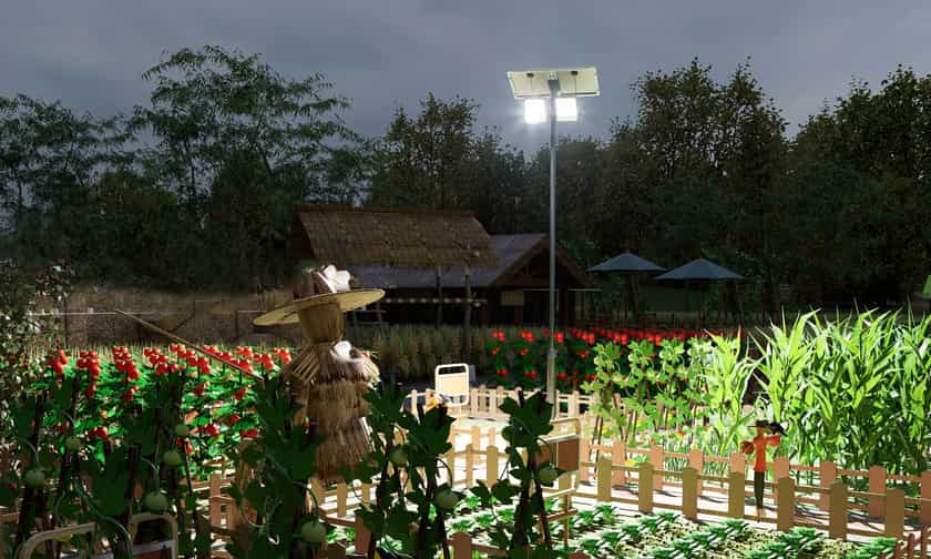 Outdoor planting area illuminated by elevated flood lights
