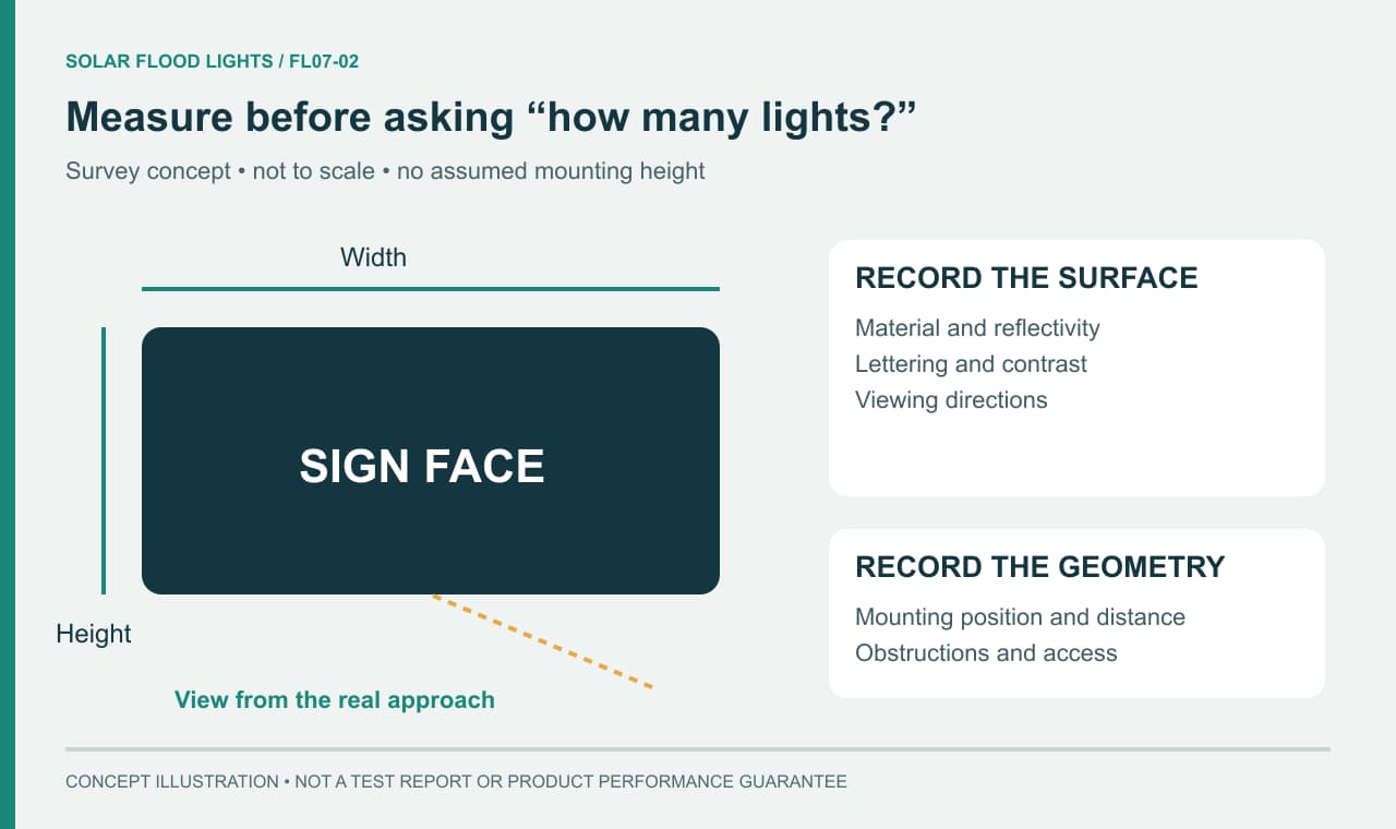 Sign survey diagram identifying width height viewing direction and mounting distance