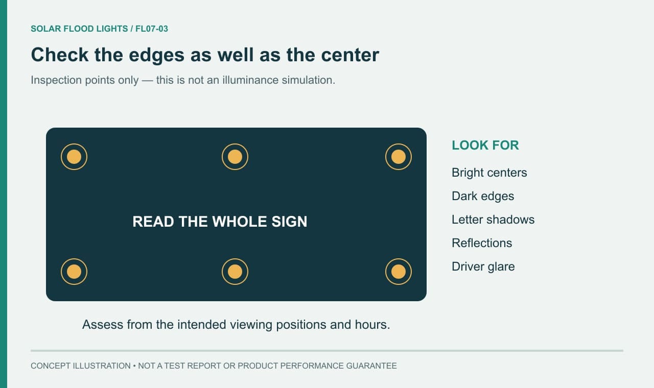 Conceptual sign-lighting checks for center edge and lettering shadows