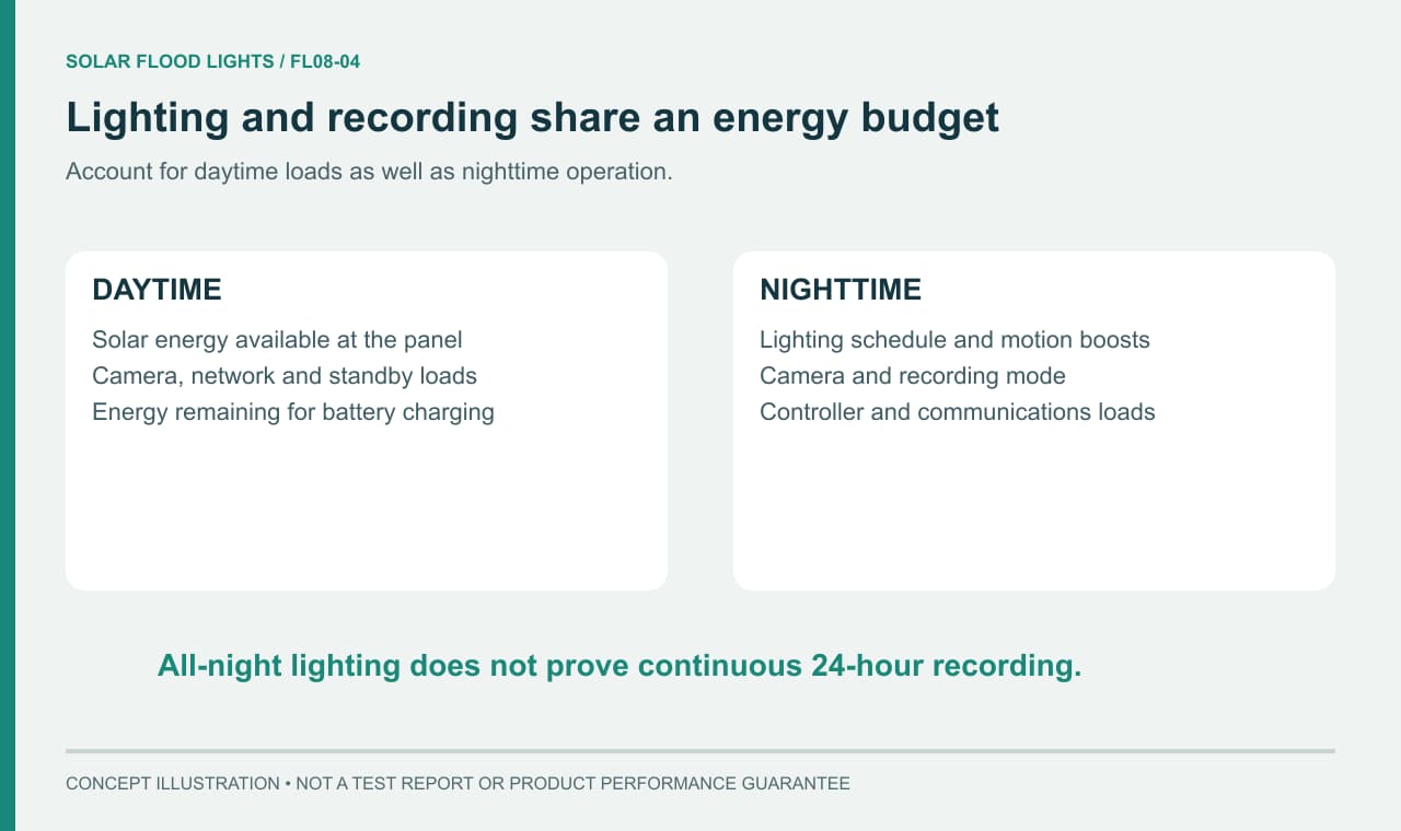 Daily power budget separating night lighting from daytime and nighttime camera loads