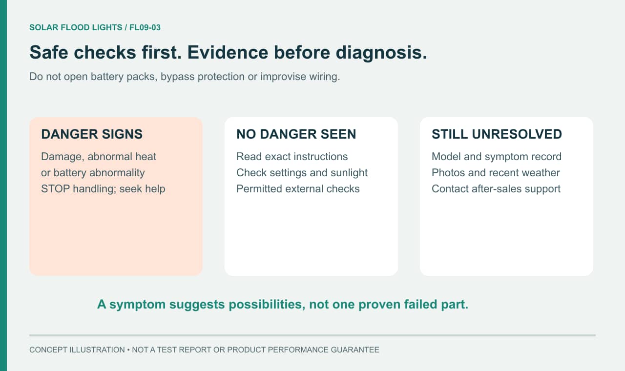 Troubleshooting sequence from danger signs to permitted external checks and support
