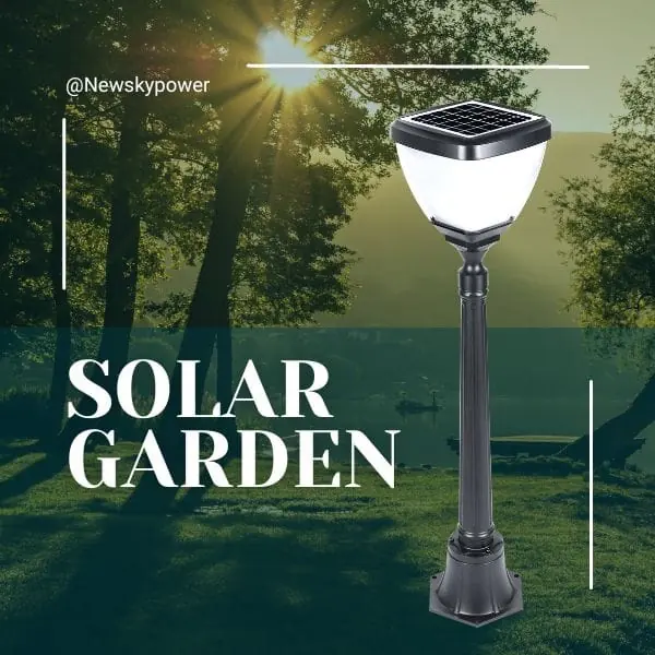 Solar garden light with an integrated top panel and a black post