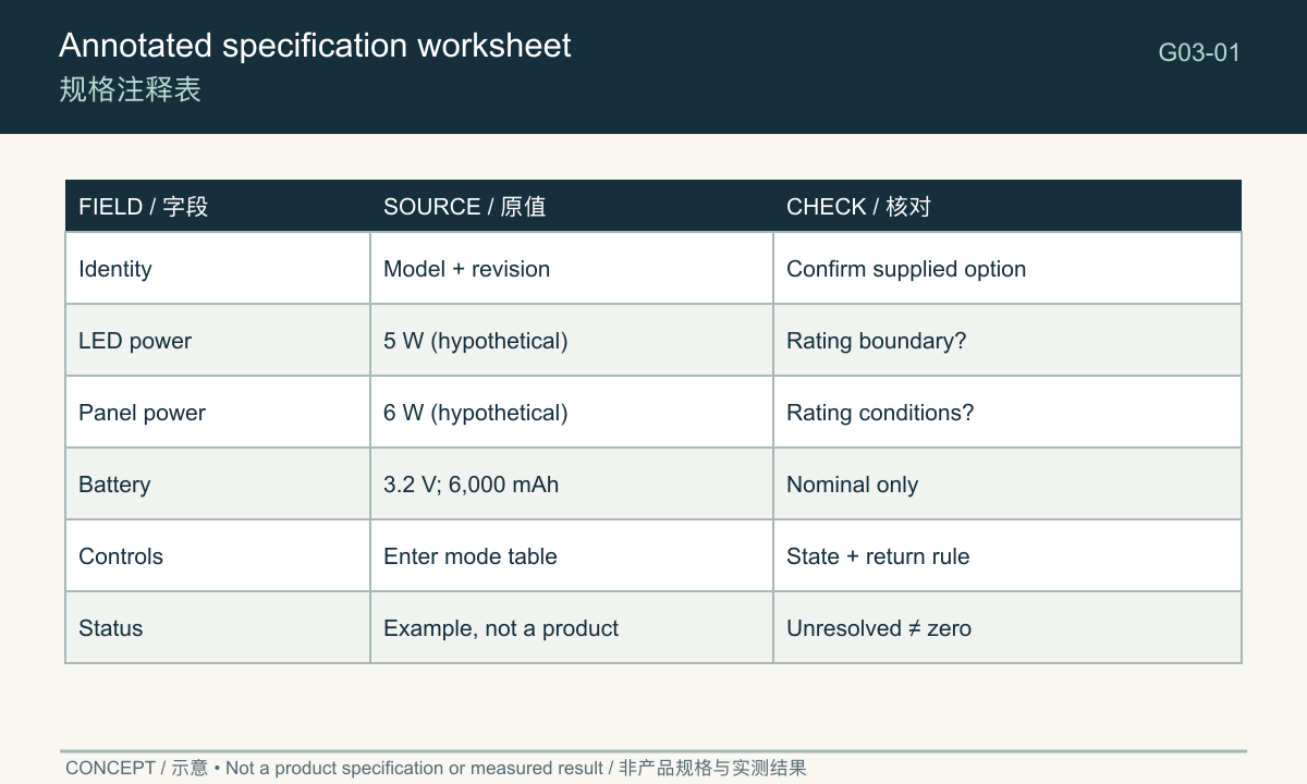Hypothetical specification worksheet with units and unresolved definitions