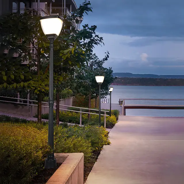 Supplier scene showing SLL-010 pole lights beside a lakeside path