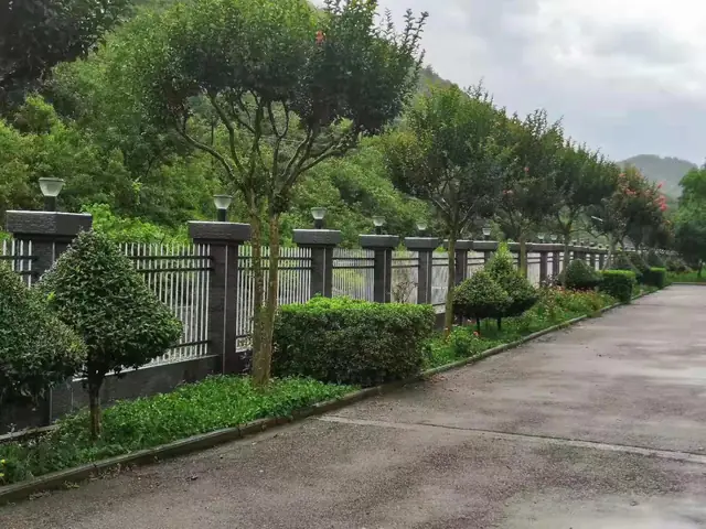 Pillar lights arranged along a landscaped boundary fence beside a walkway