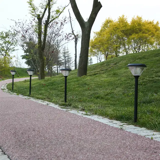 Solar pathway lights along a curved path beside trees