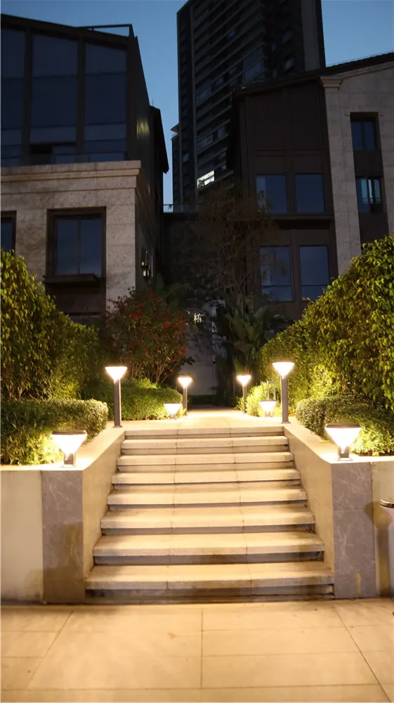 Garden lights around an entrance staircase at dusk