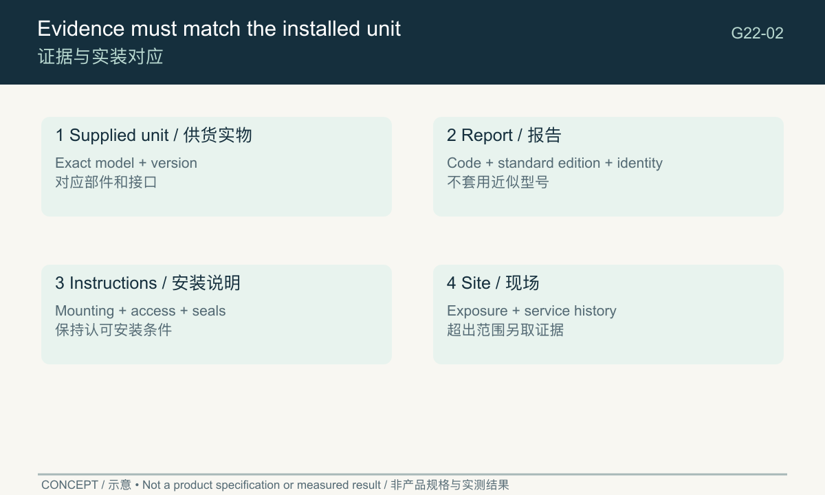 Evidence chain linking the product, report, instructions and installed condition