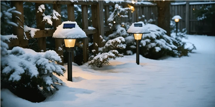 Garden lights beside a snow-covered path in a winter scene