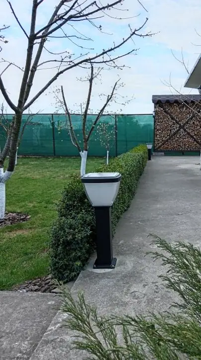 Fixed-base garden bollard beside a hedge and concrete path