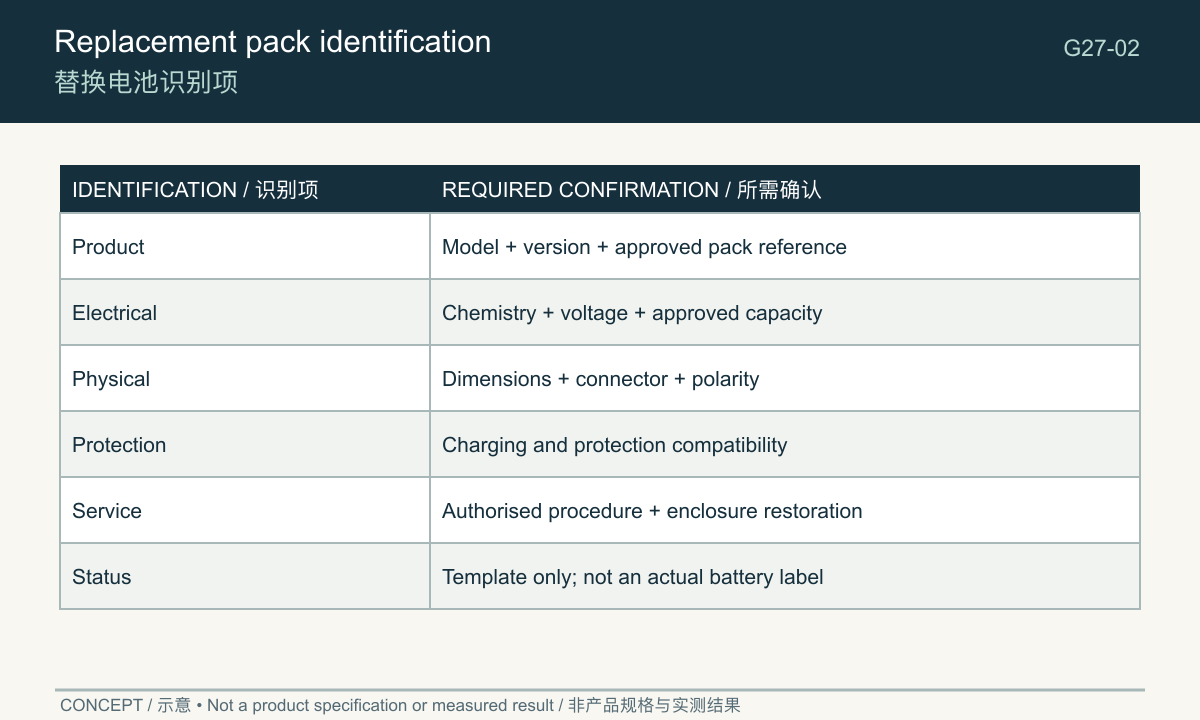 Concept identification fields for an approved replacement battery