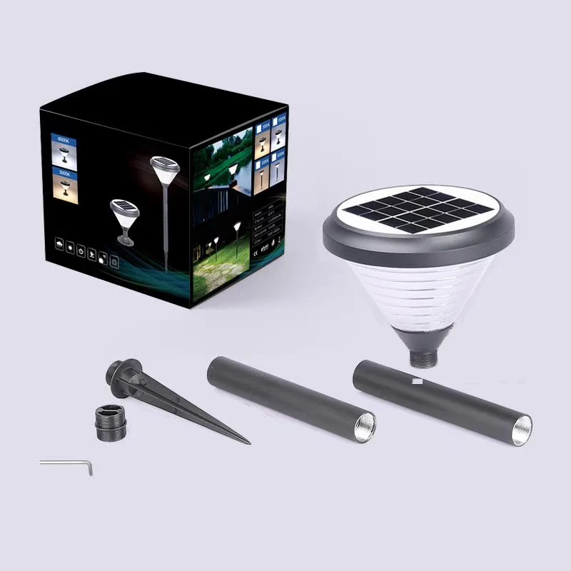 Pathway-light head, rod sections, stake and packaging laid out separately