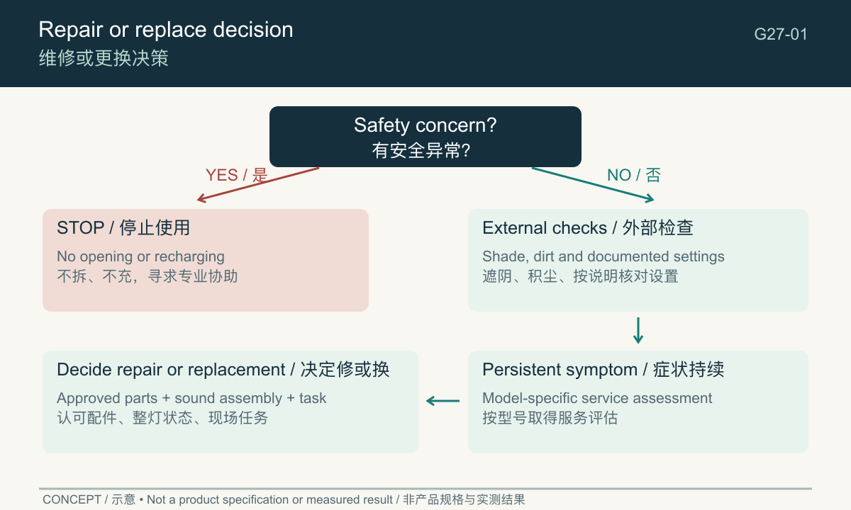 Repair-or-replace decision flow with an early safety stop