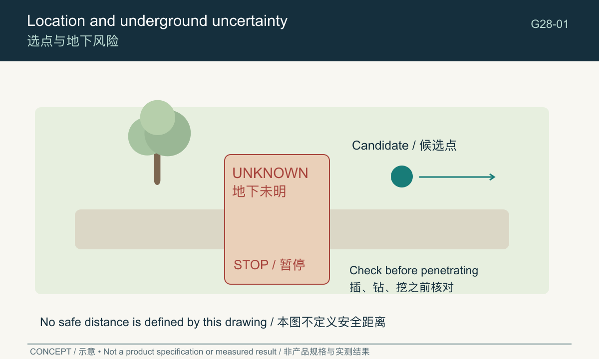 Concept location plan with route, shade and an unresolved underground area